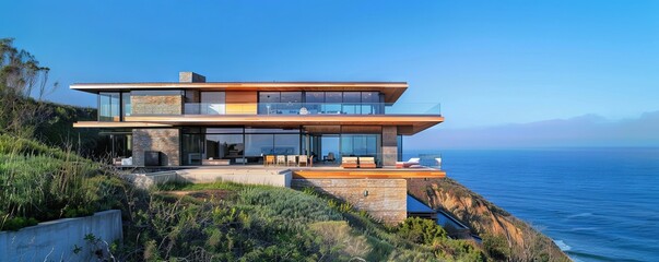 Contemporary cliffside house with panoramic ocean views.