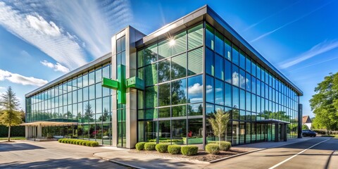 Obraz premium Modern Glass Office Building with Green Cross Sign, Landscape, Reflection, Sky, Architecture, Office Building, Glass, Cross, Green