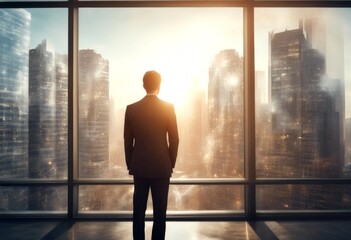 Fototapeta premium sunlight looking back ng cityscape exposure double businessman view business financial teamwork finance connection meeting marketing sale management