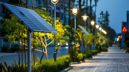 Naklejka premium Solar-Powered Streetlights Illuminating an Urban Skyline with Sustainable Energy