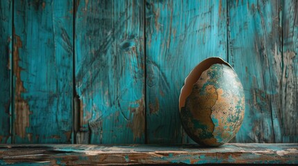 Egg in a shielded shell on a blue aged wood backdrop