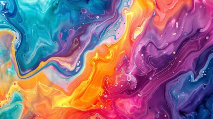 Fototapeta premium Fluid art with vivid colors swirling and blending seamlessly, forming a mesmerizing and dynamic pattern.