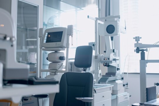 Ophthalmology clinic with medical equipment and examination chair. Medical and healthcare concept