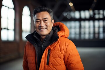 Portrait of a cheerful asian man in his 50s donning a durable down jacket isolated on empty modern loft background