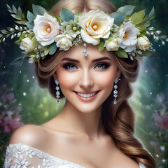 Naklejka premium A bride with a wreath of flowers on her head