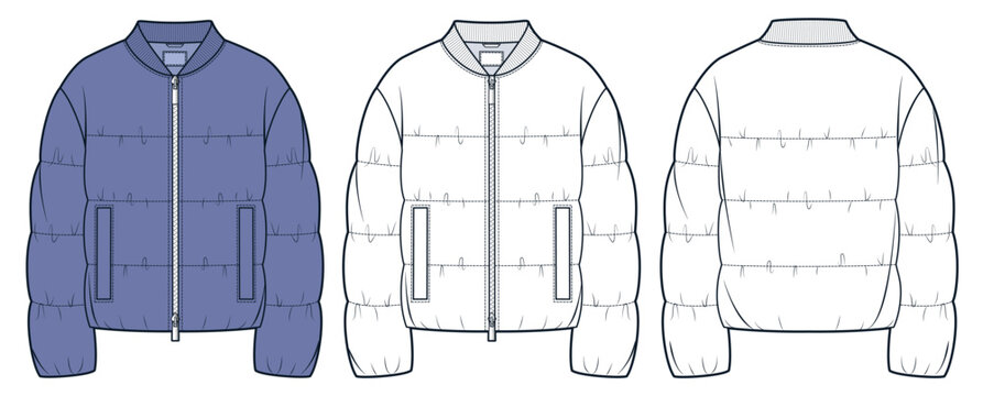  Down Jacket technical fashion Illustration. Padded Jacket fashion flat technical drawing template, ribbed collar, pockets, front, back view, white, violet, women, men, unisex Outerwear CAD mockup set
