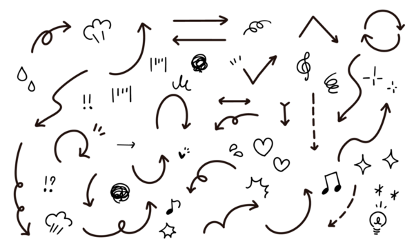 手描きの矢印と感情のあしらいの漫符イラスト アイコンセット