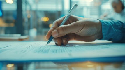 Close-Up of Hand Writing with Pen in Office Setting