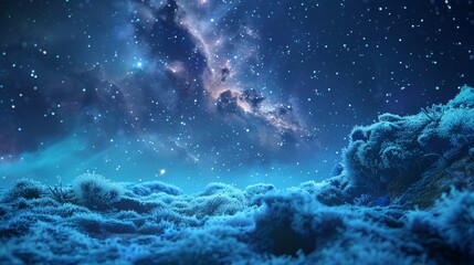 Ethereal Cosmic Landscape with Starry Sky and Frost-Covered Terrain in Stunning Nighttime Scene