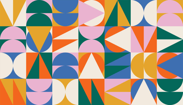 Geometric colorful background with colorful Bauhaus shapes and figures. Abstract minimalistic pattern design in Scandinavian style