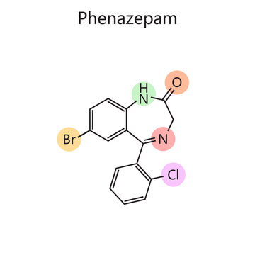Chemical organic formula of Phenazepam diagram hand drawn schematic vector illustration. Medical science educational illustration