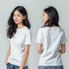 mockup of plain t-shirt worn by asian women in photo of two models