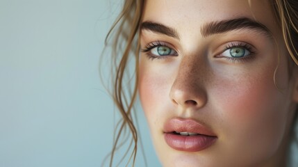 Woman with natural beauty, showcasing her fresh and radiant look with minimal make-up, set against a soft background