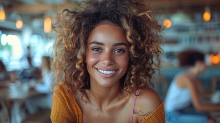 Fototapeta premium Group of Young People Laughing and Smiling While Working on Laptops in an Office, Drinking Coffee at the Counter, Woman with Curly Hair in Casual Wear, Natural Light, Cinematic Look, Photorealistic