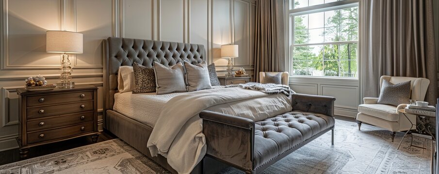 Elegant bedroom with custom millwork and luxurious bedding.