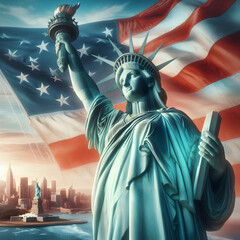 Obraz premium Photo Realistic Statue of Liberty Holding American Flag with Text Space Freedom and National Pride Concept in Photo Stock