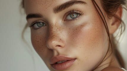 Fototapeta premium Young beautiful woman with perfect skin and freckles, wearing soft make-up, captured with natural lighting and a neutral background
