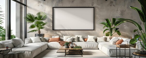 Modern living room with an empty wall frame.