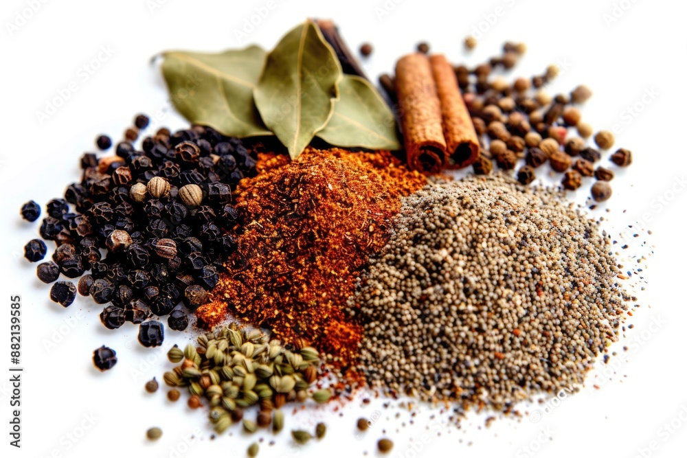 Poster a selection of colorful spices and herbs arranged on a clean white surface