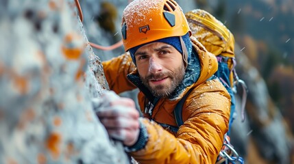 An avid climber ascends a steep rock face equipped with safety gear, showcasing determination and the thrill of extreme sports.