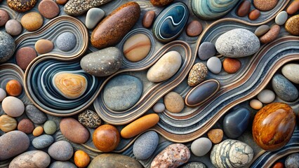 Abstract collage of pebbles arranged in a flowing pattern. Ideal for modern art enthusiasts