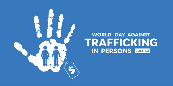 World Day Against Trafficking in Persons. Hand, people and price tag. perfect for cards, banners, posters, social media and more. Blue background.