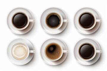 Six cups of different types of coffee arranged in two rows. Top view.