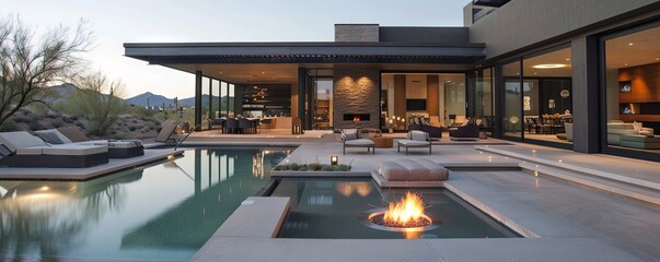 Fototapeta premium Contemporary desert retreat with a pool and fire pit.
