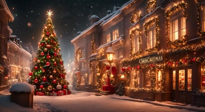 A Christmas tree is lit up in a snowy town square. The street is lined with shops and a sign for a store called "Christmas"