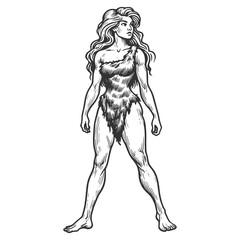 strong primitive woman dressed in animal skin, prehistoric attire and posture sketch engraving generative ai fictional character vector illustration. Scratch board imitation. Black and white image.