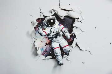 Astronaut breaking through wall with outer space background.