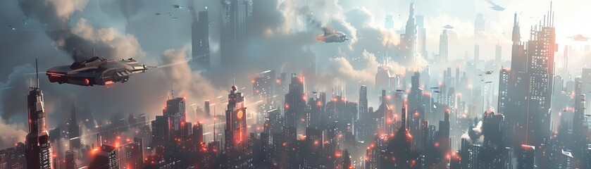 Dynamic futuristic cityscape featuring towering skyscrapers and airborne vehicles.