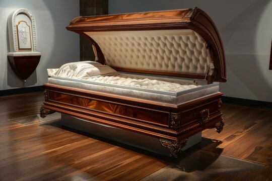 Luxurious open coffin with padded interior in funeral home.