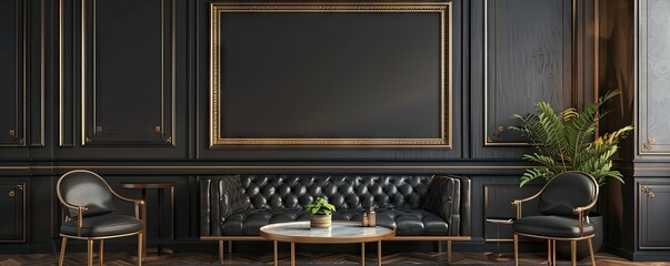 Chic living room with an empty gold-trimmed frame.