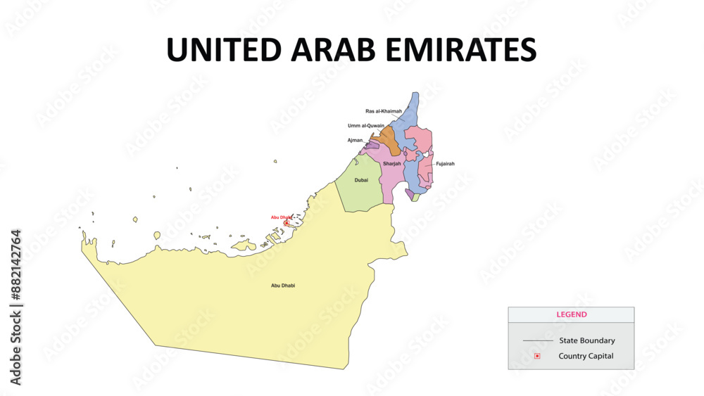 Poster United Arab Emirates Map. State map of United Arab Emirates. State map of United Arab Emirates in colour with capital.