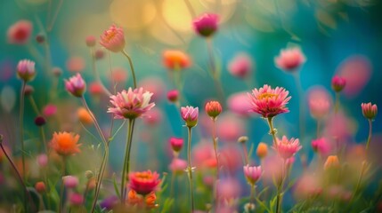 Fototapeta premium Blissful Blooms, Cotton Candy Flowers Dancing in Vibrant Meadow.