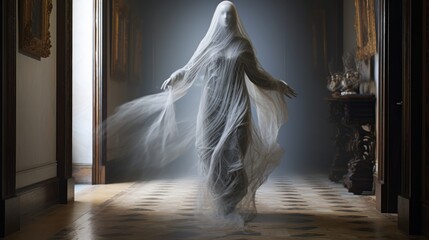 A spooky ghost floating in the dark.