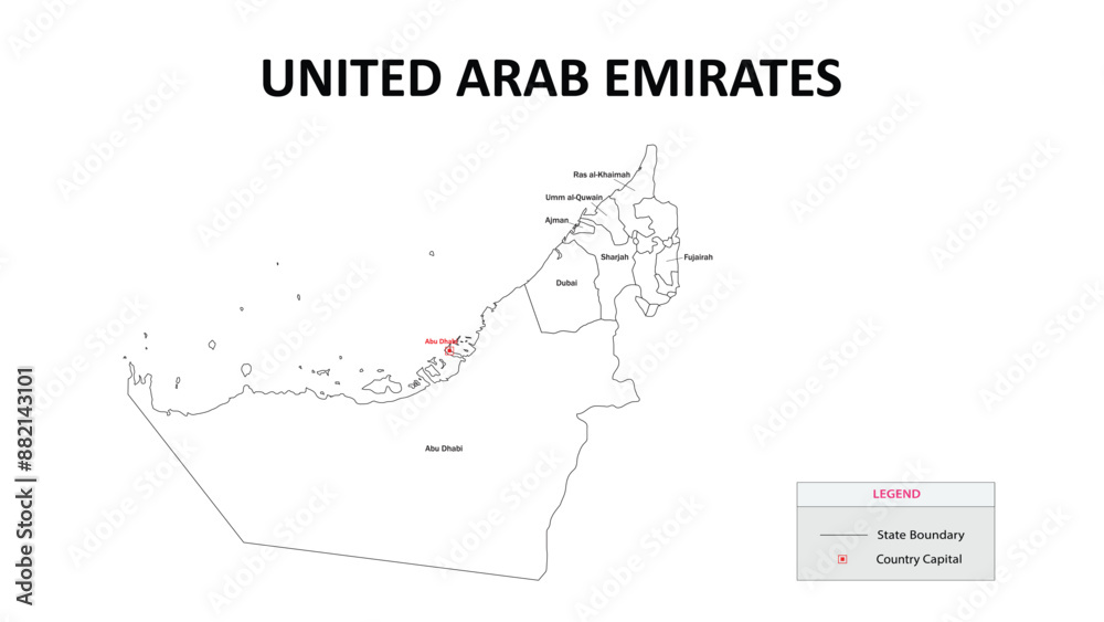 Canvas Prints United Arab Emirates Map. State map of United Arab Emirates. State map of United Arab Emirates in colour with capital.