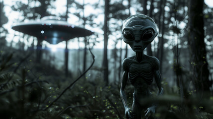 Fototapeta premium Alien in forest with UFO in the background