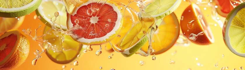 Colorful citrus fruits including oranges, lemons, and grapefruits splashing into water with orange background.