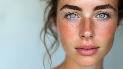 Fototapeta premium Woman with natural make-up, showcasing her fresh and radiant complexion with soft lighting and a simple backdrop