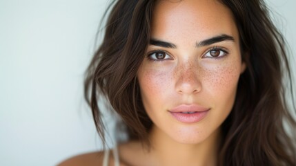 Naklejka premium Woman with natural make-up, showcasing her fresh and radiant complexion with soft lighting and a simple backdrop