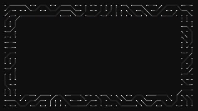 Moving lines on the board. Board frame rectangular circuit. Electronic circuit on black background. Seamless loop.