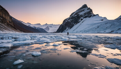 Obraz premium Frozen Lake Mysteries in Cloudy Winter: The Adventurer's Trip Overwhelmed in Landslide