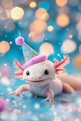 A small white amphibian with a pink hat on its head