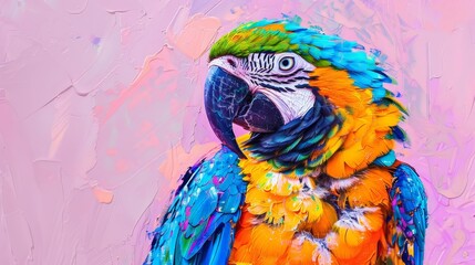 Obraz premium Vibrant and colorful parrot portrait against a pastel pink background, showcasing its beautiful feathers in vivid detail.