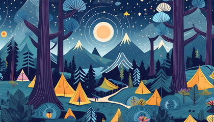 Obraz premium Abstract trendy Cute seamless pattern, natural landscapes in the night forest on digital art concept.