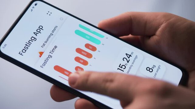 Tracking intermittent fasting time using a special smartphone app. Following a time-restricted diet with the help of a mobile application. Fictional Interface.