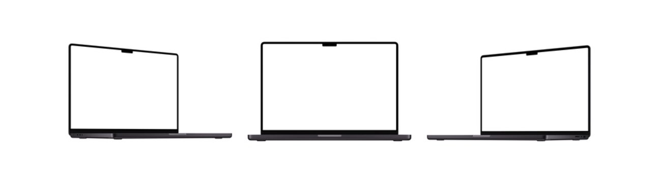 A realistic laptop mockup with a blank screen, isolated on a white background, showcasing various angles and perspectives.