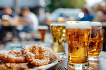 A table with a plate of pretzels and a glass of beer